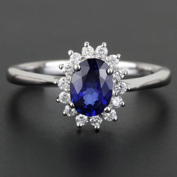 14K White Gold Oval Sapphire and Diamond Halo Bridal Engagement Anniversary Ring
